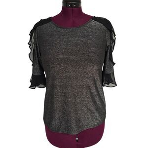 Women's Bold Elements Black Shimmer Blouse 3/4 Ruffle Sleeves | Size Medium